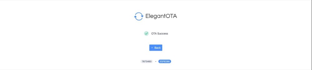 ElegantOTA showing OTA Success with a Back button.