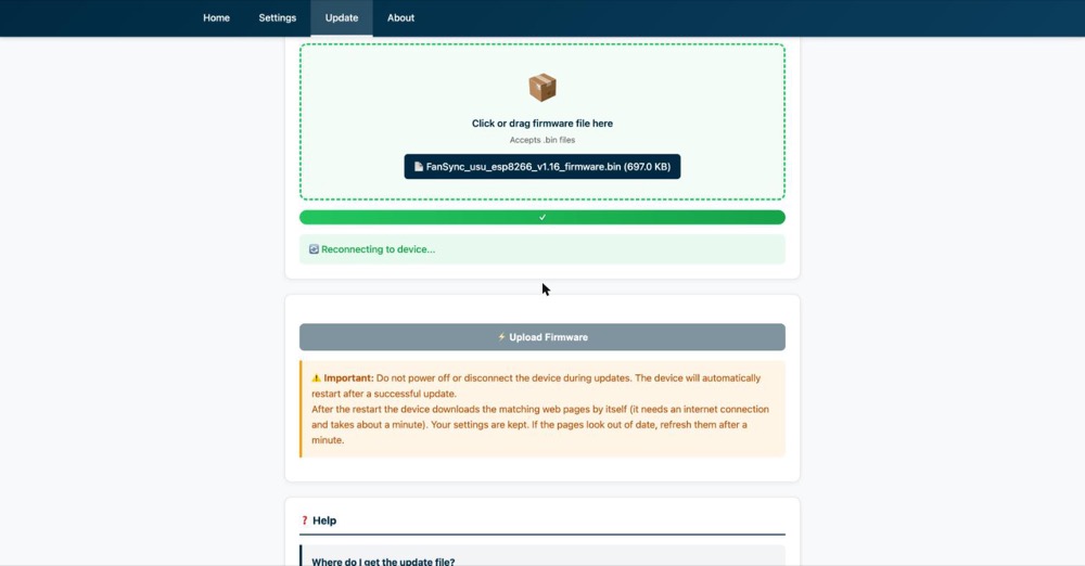 Green progress bar with a check mark and the message Reconnecting to device.