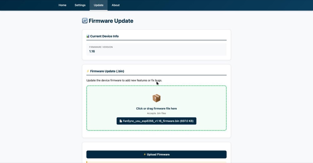 The file name FanSync_usu_esp8266_v1.16_firmware.bin shown in the drop area, with an Upload Firmware button below.