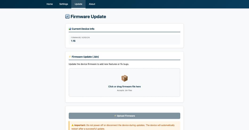 The Update page: Current Device Info with the firmware version, and a Firmware Update box with a dashed area to drop a file.