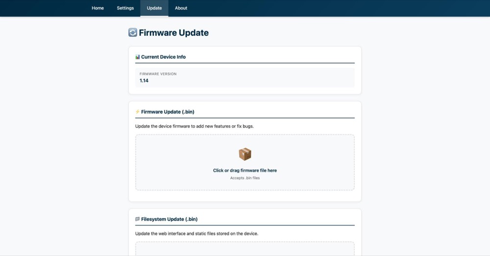 Update page on version 1.14, showing a Firmware Update box above a Filesystem Update box.
